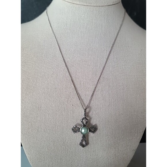 925 Sterling Silver Amazonite Marcasite Cross Pendant Necklace Vintage - Picture 3 of 10